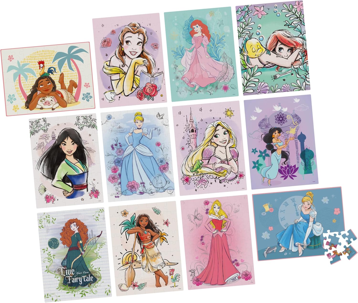 Disney Princess 12-Puzzle Bundle – Featuring Moana, Ariel, Mulan, Cinderella & More, Includes 48-Piece, 63-Piece, and 100-Piece Puzzles for Kids